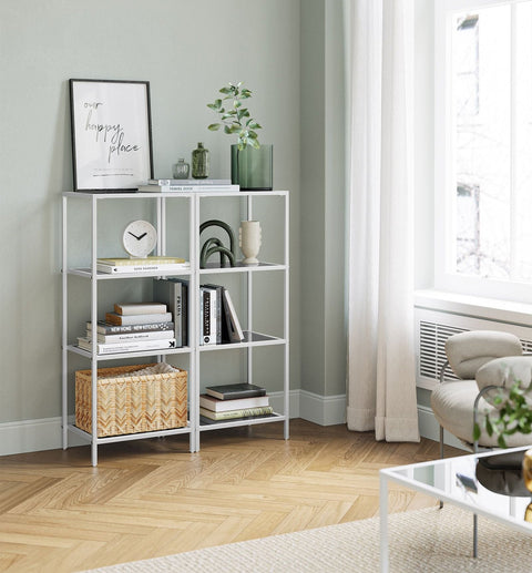 Rootz Bathroom Shelf - 4 Tier Organizer - Storage Rack - Metal & Glass - 30cm x 40cm x 95cm - Slate Gray Pearl White - 6.3kg - 40kg Capacity