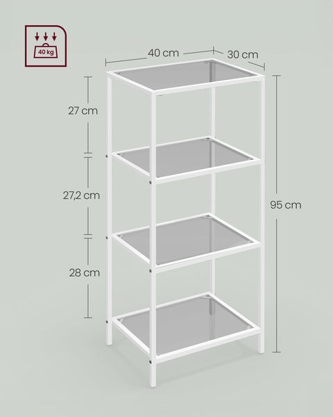 Rootz Bathroom Shelf - 4 Tier Organizer - Storage Rack - Metal & Glass - 30cm x 40cm x 95cm - Slate Gray Pearl White - 6.3kg - 40kg Capacity