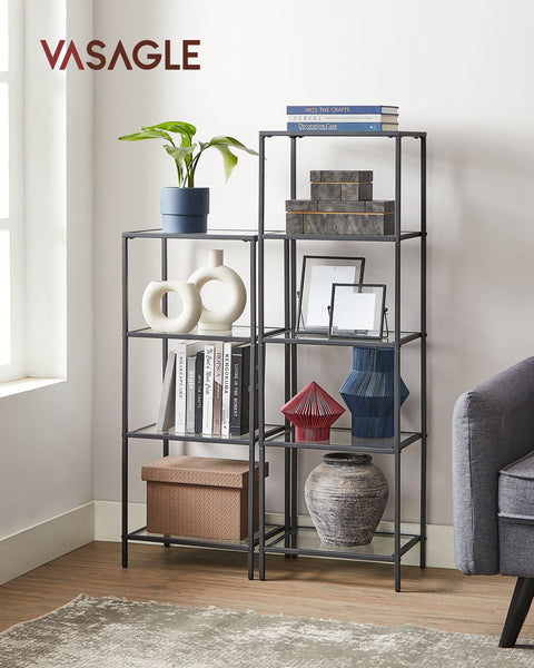 Rootz Metal and Glass Shelf - Display Stand - Storage Rack - Transparent Ink Black - Sturdy Construction - Easy Assembly - Space-saving Design - 30cm x 40cm x 124.5cm