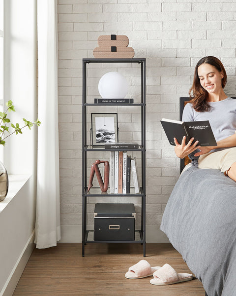 Rootz Metal and Glass Shelf - Display Stand - Storage Rack - Transparent Ink Black - Sturdy Construction - Easy Assembly - Space-saving Design - 30cm x 40cm x 124.5cm