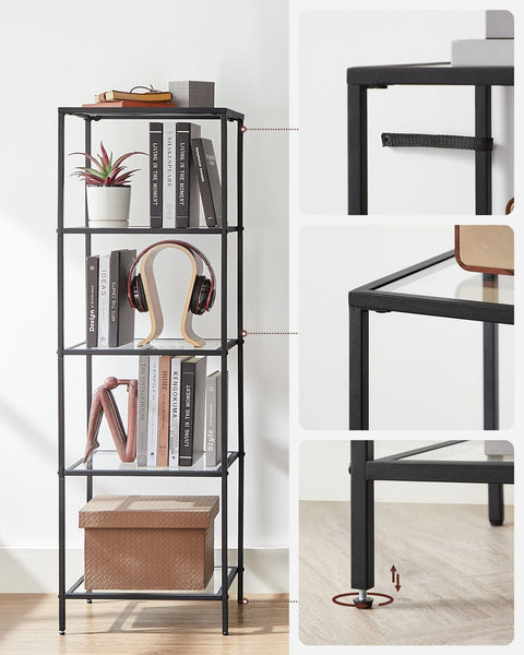 Rootz Metal and Glass Shelf - Display Stand - Storage Rack - Transparent Ink Black - Sturdy Construction - Easy Assembly - Space-saving Design - 30cm x 40cm x 124.5cm