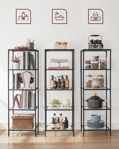 Rootz Metal and Glass Shelf - Display Stand - Storage Rack - Transparent Ink Black - Sturdy Construction - Easy Assembly - Space-saving Design - 30cm x 40cm x 124.5cm