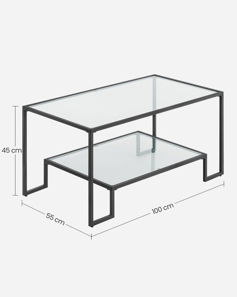 Rootz Black Steel Tempered Glass Coffee Table - Side Table - End Table - Stylish Design - Durable Construction - Easy Assembly - 55cm x 100cm x 45cm