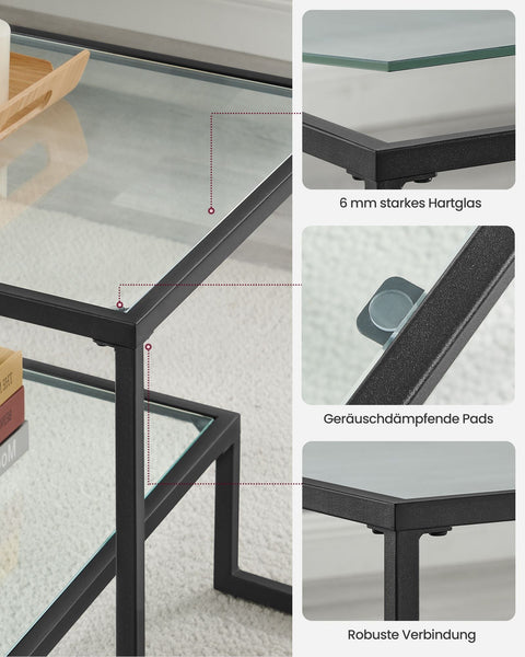 Rootz Black Steel Tempered Glass Coffee Table - Side Table - End Table - Stylish Design - Durable Construction - Easy Assembly - 55cm x 100cm x 45cm