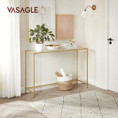 Rootz Gold-Colored Transparent Glass Console Table - Steel Frame - Entryway Table - Sofa Table - Sturdy Construction - Easy Assembly - 35cm x 120cm x 80cm