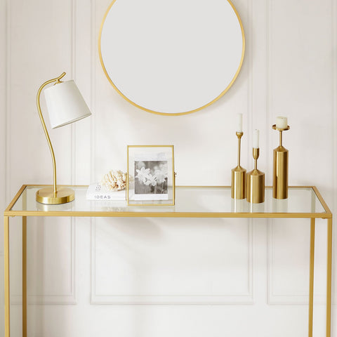 Rootz Gold-Colored Transparent Glass Console Table - Steel Frame - Entryway Table - Sofa Table - Sturdy Construction - Easy Assembly - 35cm x 120cm x 80cm