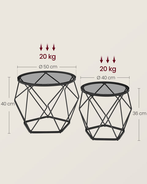 Rootz 2 Piece Living Room Table Set - Modern Coffee Table - Stylish Side Tables - Tempered Glass & Steel - 50cm Ø x 40cm H & 40cm Ø x 36cm H