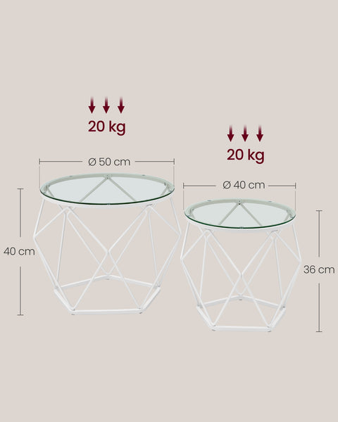 Rootz 2 Piece Set Side Tables - End Tables - Tempered Glass Steel Tables - Lightweight Durable Design - Modern Home Decor - 50cm x 40cm x 40cm & 40cm x 36cm x 36cm