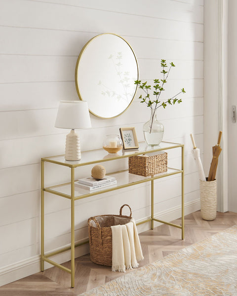 Rootz Gold-Colored Transparent Glass Console Table - Steel Frame - Entryway Table - Sofa Table - Sturdy Construction - Spacious Shelves - 35cm x 120cm x 80cm