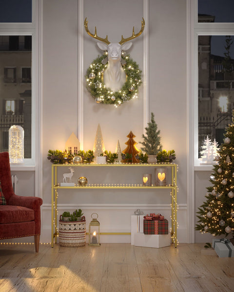 Rootz Gold-Colored Transparent Glass Console Table - Steel Frame - Entryway Table - Sofa Table - Sturdy Construction - Spacious Shelves - 35cm x 120cm x 80cm