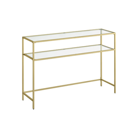 Rootz Gold-Colored Transparent Glass Console Table - Steel Frame - Entryway Table - Sofa Table - Sturdy Construction - Spacious Shelves - 35cm x 120cm x 80cm
