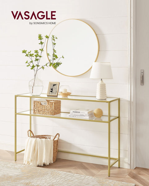 Rootz Gold-Colored Transparent Glass Console Table - Steel Frame - Entryway Table - Sofa Table - Sturdy Construction - Spacious Shelves - 35cm x 120cm x 80cm