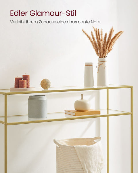 Rootz Gold-Colored Transparent Glass Console Table - Steel Frame - Entryway Table - Sofa Table - Sturdy Construction - Spacious Shelves - 35cm x 120cm x 80cm