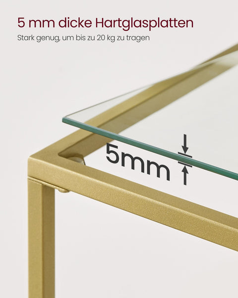 Rootz Gold-Colored Transparent Glass Console Table - Steel Frame - Entryway Table - Sofa Table - Sturdy Construction - Spacious Shelves - 35cm x 120cm x 80cm