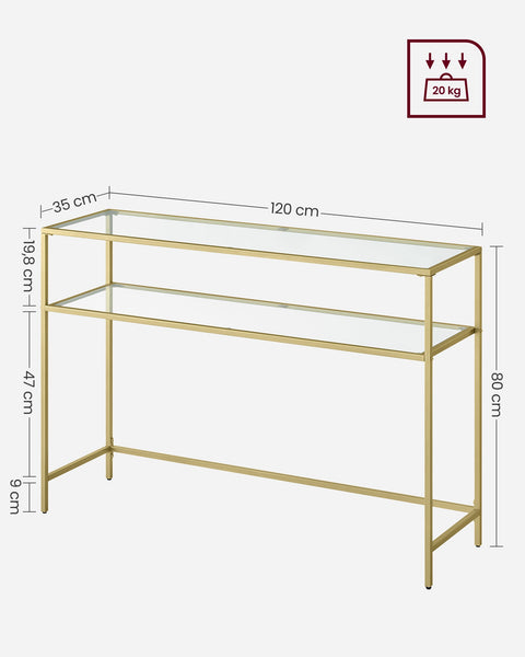 Rootz Gold-Colored Transparent Glass Console Table - Steel Frame - Entryway Table - Sofa Table - Sturdy Construction - Spacious Shelves - 35cm x 120cm x 80cm