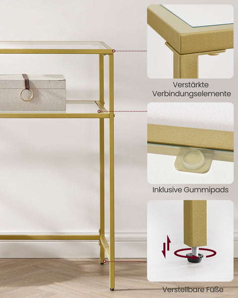 Rootz Gold-Colored Transparent Glass Console Table - Steel Frame - Entryway Table - Sofa Table - Sturdy Construction - Spacious Shelves - 35cm x 120cm x 80cm