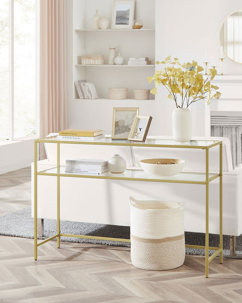Rootz Gold-Colored Transparent Glass Console Table - Steel Frame - Entryway Table - Sofa Table - Sturdy Construction - Spacious Shelves - 35cm x 120cm x 80cm