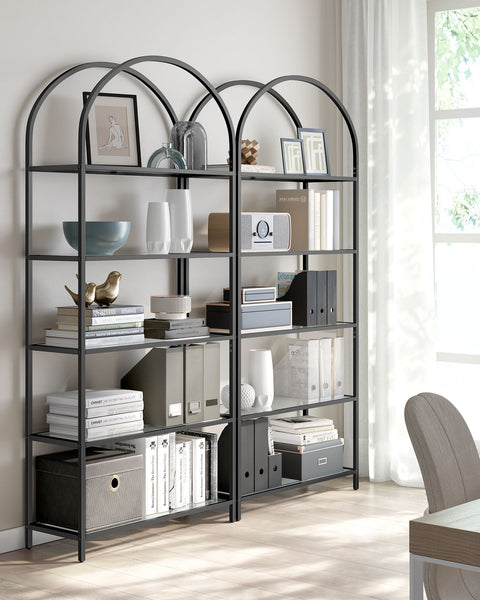 Rootz 4 Tier Black-Gray Shelf - Tempered Glass Steel Storage Rack - Organizer Stand - Heavy Duty - 30.2cm x 83cm x 183.5cm