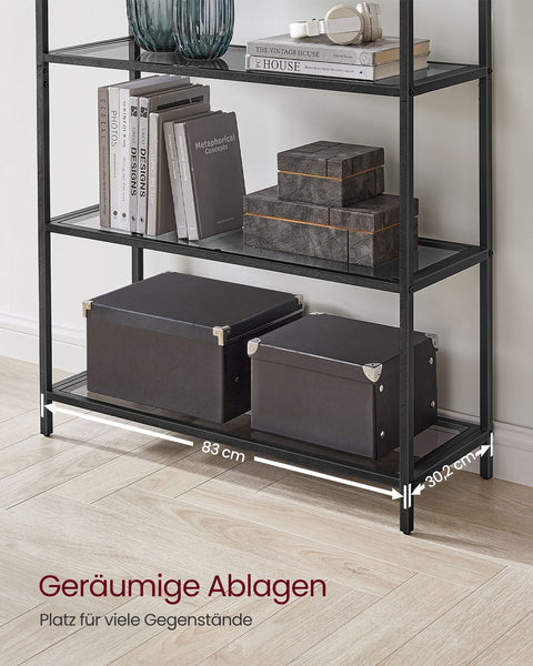 Rootz 4 Tier Black-Gray Shelf - Tempered Glass Steel Storage Rack - Organizer Stand - Heavy Duty - 30.2cm x 83cm x 183.5cm