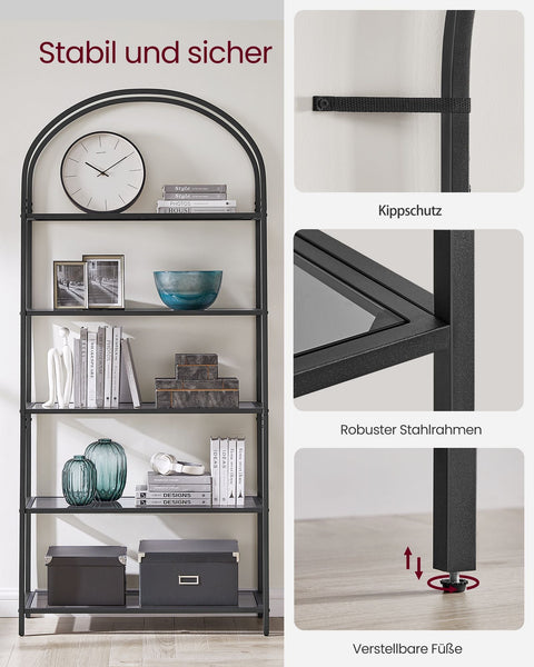 Rootz 4 Tier Black-Gray Shelf - Tempered Glass Steel Storage Rack - Organizer Stand - Heavy Duty - 30.2cm x 83cm x 183.5cm