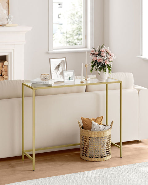 Rootz Glass Steel Console Table - Light Gold Transparent - Entryway Table - Sofa Table - Tempered Glass - Sturdy Steel Frame - Modern Design - 20cm x 100cm x 80cm