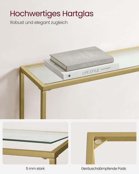 Rootz Glass Steel Console Table - Light Gold Transparent - Entryway Table - Sofa Table - Tempered Glass - Sturdy Steel Frame - Modern Design - 20cm x 100cm x 80cm