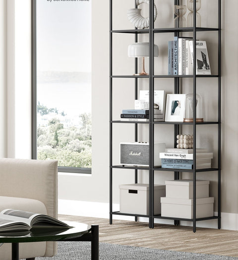 Rootz 6 Tier Shelf - Black-Gray Tempered Glass - Metal Glass - Heavy-Duty - 30cm x 40cm x 177.3cm - Weight Capacity 60kg
