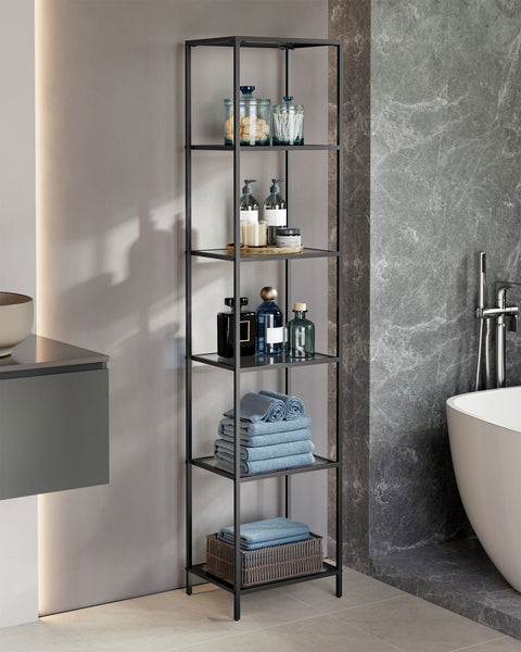 Rootz 6 Tier Shelf - Black-Gray Tempered Glass - Metal Glass - Heavy-Duty - 30cm x 40cm x 177.3cm - Weight Capacity 60kg