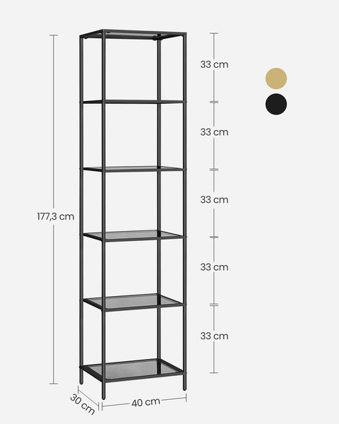 Rootz 6 Tier Shelf - Black-Gray Tempered Glass - Metal Glass - Heavy-Duty - 30cm x 40cm x 177.3cm - Weight Capacity 60kg