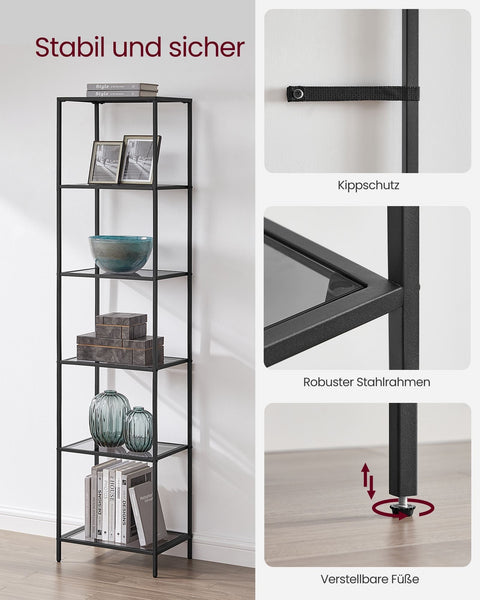 Rootz 6 Tier Shelf - Black-Gray Tempered Glass - Metal Glass - Heavy-Duty - 30cm x 40cm x 177.3cm - Weight Capacity 60kg