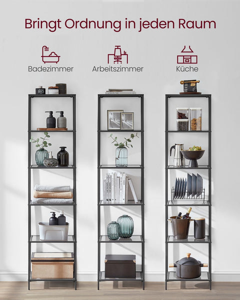 Rootz 6 Tier Shelf - Black-Gray Tempered Glass - Metal Glass - Heavy-Duty - 30cm x 40cm x 177.3cm - Weight Capacity 60kg
