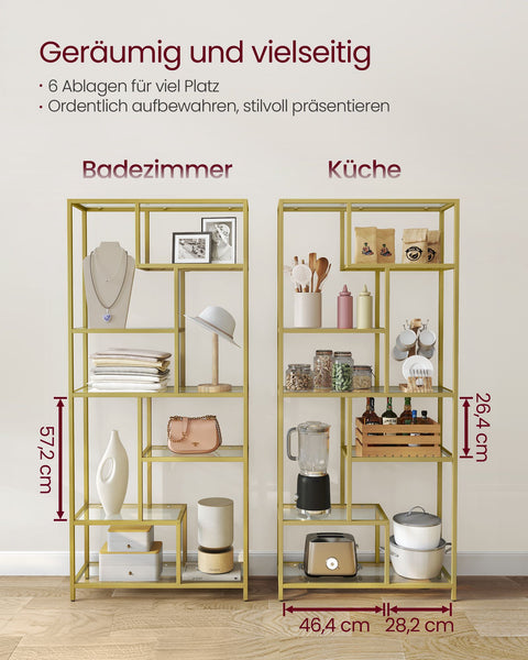 Rootz Gold Glass Steel Stand Shelf - Display Rack - Tempered Glass - Sturdy Steel Frame - Spacious Storage - 30cm x 80cm x 180cm