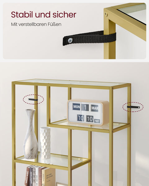 Rootz Gold Glass Steel Stand Shelf - Display Rack - Tempered Glass - Sturdy Steel Frame - Spacious Storage - 30cm x 80cm x 180cm