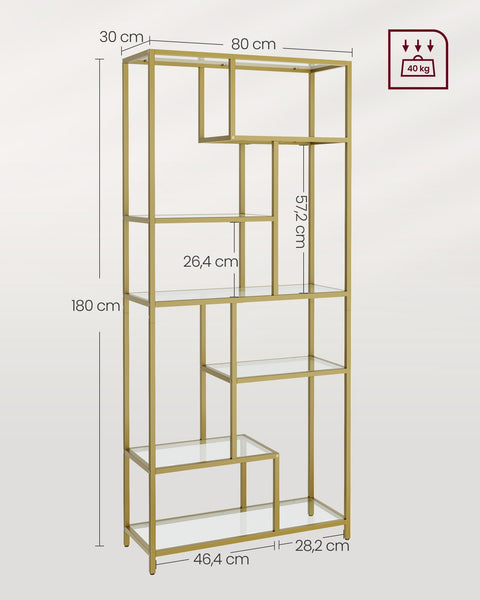 Rootz 6 Shelf Bookcase - Display Shelf - Storage Unit - Tempered Glass - 30cm x 80cm x 180cm