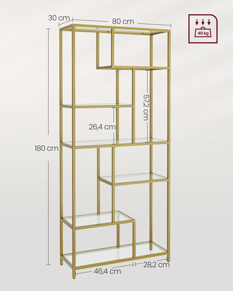 Rootz Gold Glass Steel Stand Shelf - Display Rack - Tempered Glass - Sturdy Steel Frame - Spacious Storage - 30cm x 80cm x 180cm