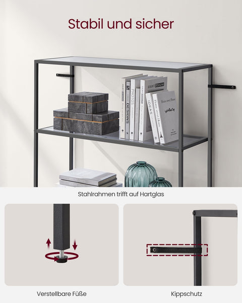 Rootz 3 Tier Metal and Glass Shelf - Bookcase - Storage Rack - Slate Gray-Ink Black - Stylish Design - Sturdy Construction - Easy Assembly - 30cm x 80cm x 177.3cm