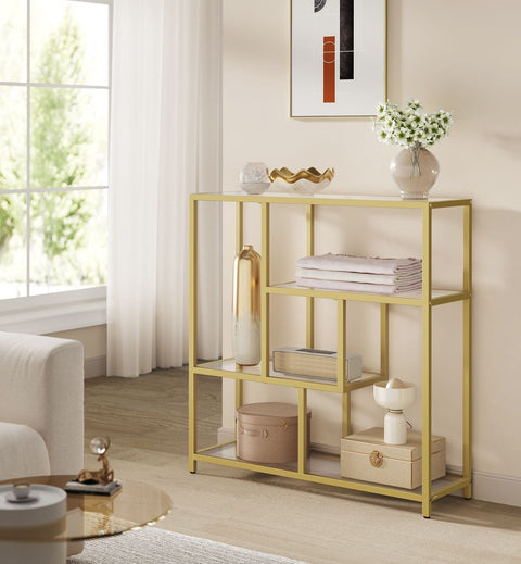 Rootz Glass Bookcase - Shelf Organizer - Display Stand - Tempered Glass - Steel Frame - 30cm x 100cm x 103cm - Transparent Pale Gold