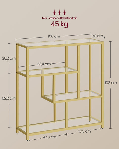 Rootz Glass Bookcase - Shelf Organizer - Display Stand - Tempered Glass - Steel Frame - 30cm x 100cm x 103cm - Transparent Pale Gold