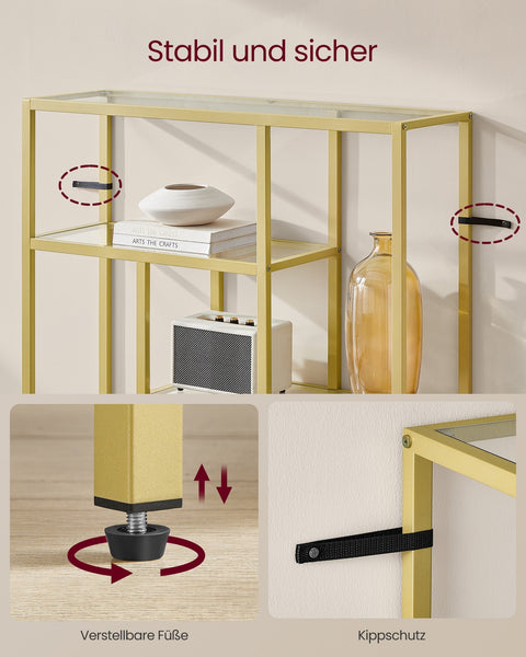 Rootz Glass Bookcase - Shelf Organizer - Display Stand - Tempered Glass - Steel Frame - 30cm x 100cm x 103cm - Transparent Pale Gold