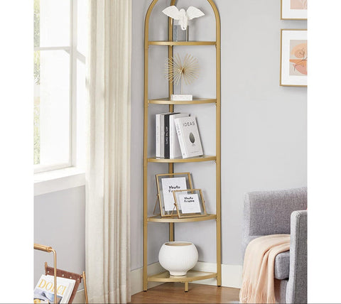 Rootz Corner Shelf - 5 Level Display Rack - Gold Glass Storage - Space-Saving Design - 28 x 28 x 158 cm