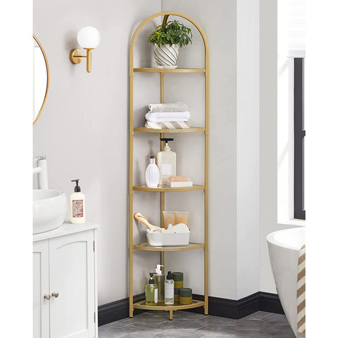 Rootz Corner Shelf - 5 Level Display Rack - Gold Glass Storage - Space-Saving Design - 28 x 28 x 158 cm