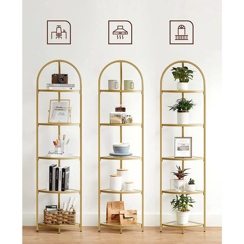 Rootz Corner Shelf - 5 Level Display Rack - Gold Glass Storage - Space-Saving Design - 28 x 28 x 158 cm
