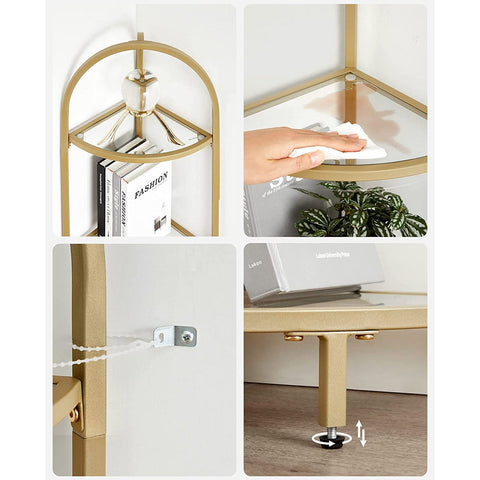 Rootz Corner Shelf - 5 Level Display Rack - Gold Glass Storage - Space-Saving Design - 28 x 28 x 158 cm