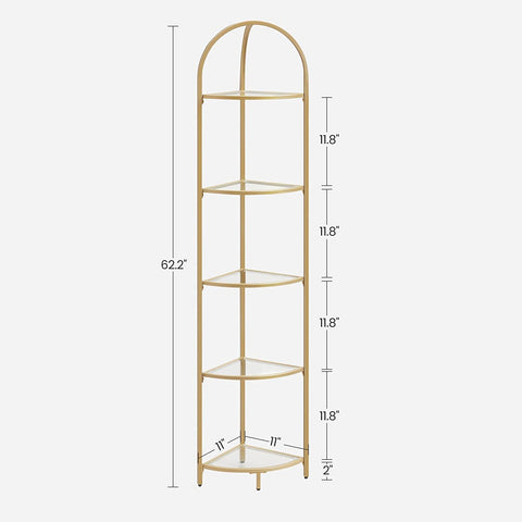 Rootz Corner Shelf - 5 Level Display Rack - Gold Glass Storage - Space-Saving Design - 28 x 28 x 158 cm