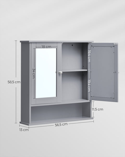 Rootz Dove Gray Mirror Cabinet - Bathroom Storage - Wall Mounted Organizer - MDF Construction - Spacious Interior - Easy Assembly - 13cm x 56.5cm x 58.5cm