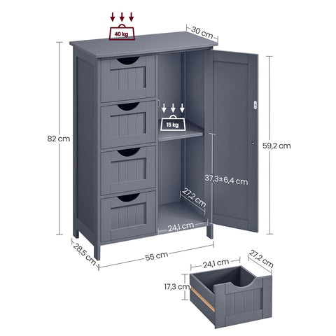 Rootz Dark Gray Bathroom Cabinet - Storage Organizer - MDF Furniture - Spacious Drawers - Adjustable Shelf - 30cm x 55cm x 82cm