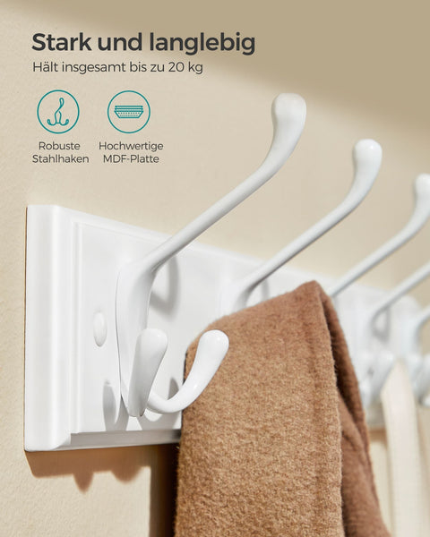 Rootz Wall Mounted Coat Rack - Wall Hook Rack - Hanging Rack - MDF Zinc Alloy - 7cm x 50.4cm x 4.6cm - Cloud White - 20kg Load Capacity