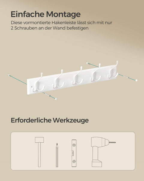 Rootz Wall Mounted Coat Rack - Wall Hook Rack - Hanging Rack - MDF Zinc Alloy - 7cm x 50.4cm x 4.6cm - Cloud White - 20kg Load Capacity
