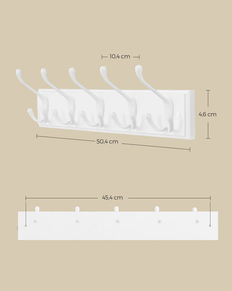 Rootz Wall Mounted Coat Rack - Wall Hook Rack - Hanging Rack - MDF Zinc Alloy - 7cm x 50.4cm x 4.6cm - Cloud White - 20kg Load Capacity