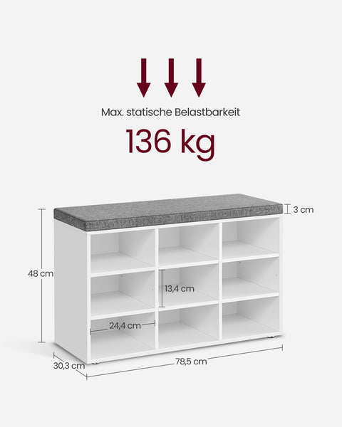 Rootz Shoe Bench with Storage - Entryway Bench - Shoe Organizer - Chipboard and Foam - 30.3cm x 78.5cm x 48cm - Cloud White and Dove Gray - Max. Static Load Capacity 136kg